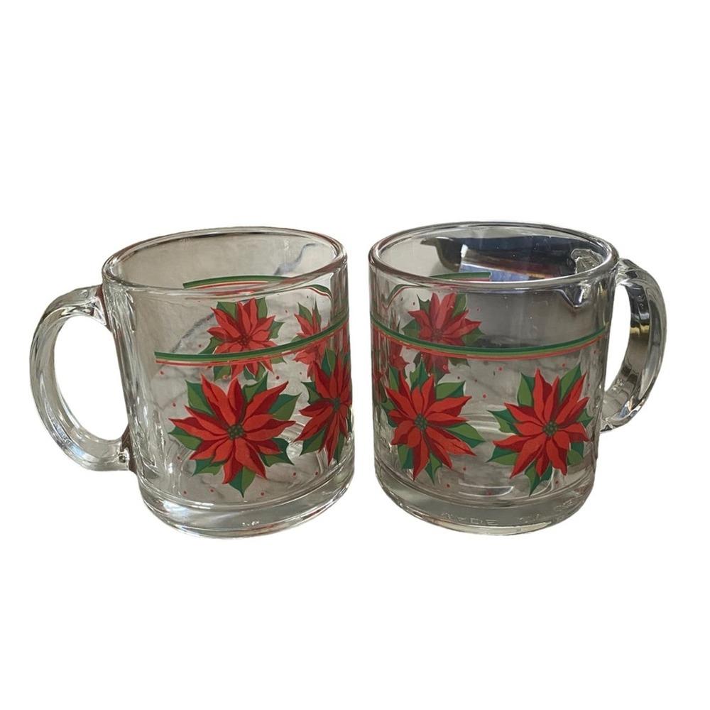Vintage Libbey USA ~ Christmas Poinsettia ~ Glass Cup Coffee Mugs set of 2